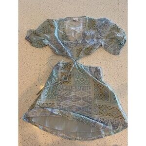 Sky to Moon Geometric Blue Green Beige Top & Skirt Set M V-Neck Short Sleeve